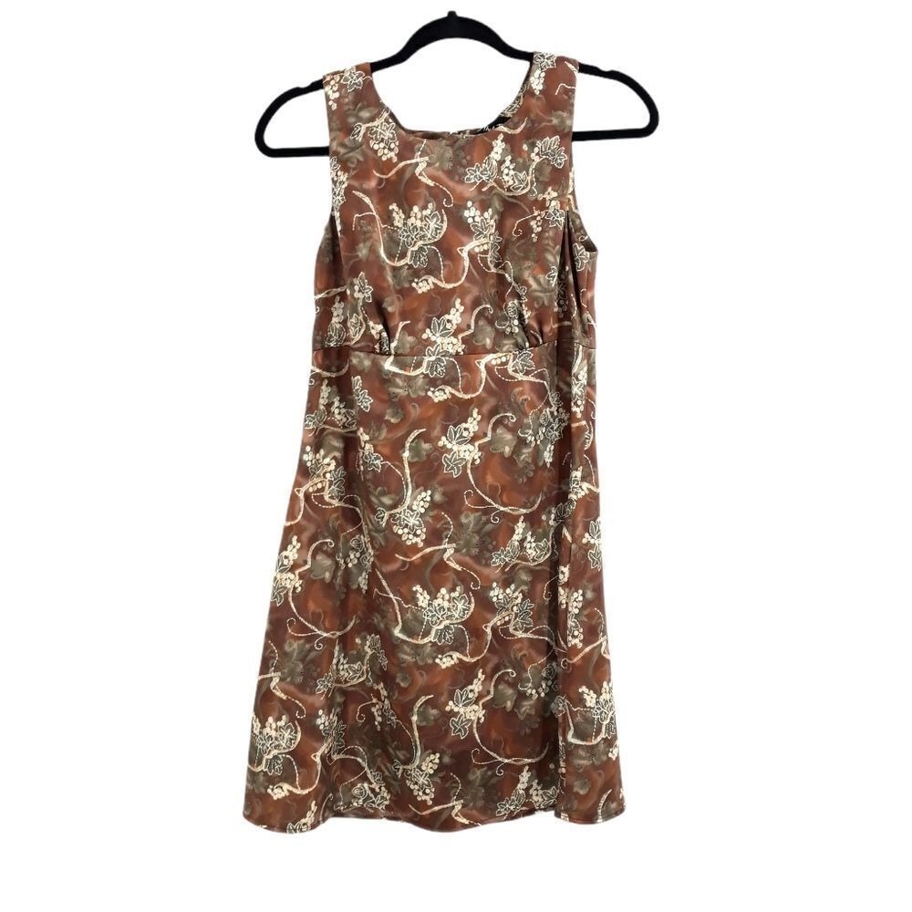Vintage Sleeveless Empire Tea‎ Length Shift Dress Botanical Leaf Bronze Sz M
